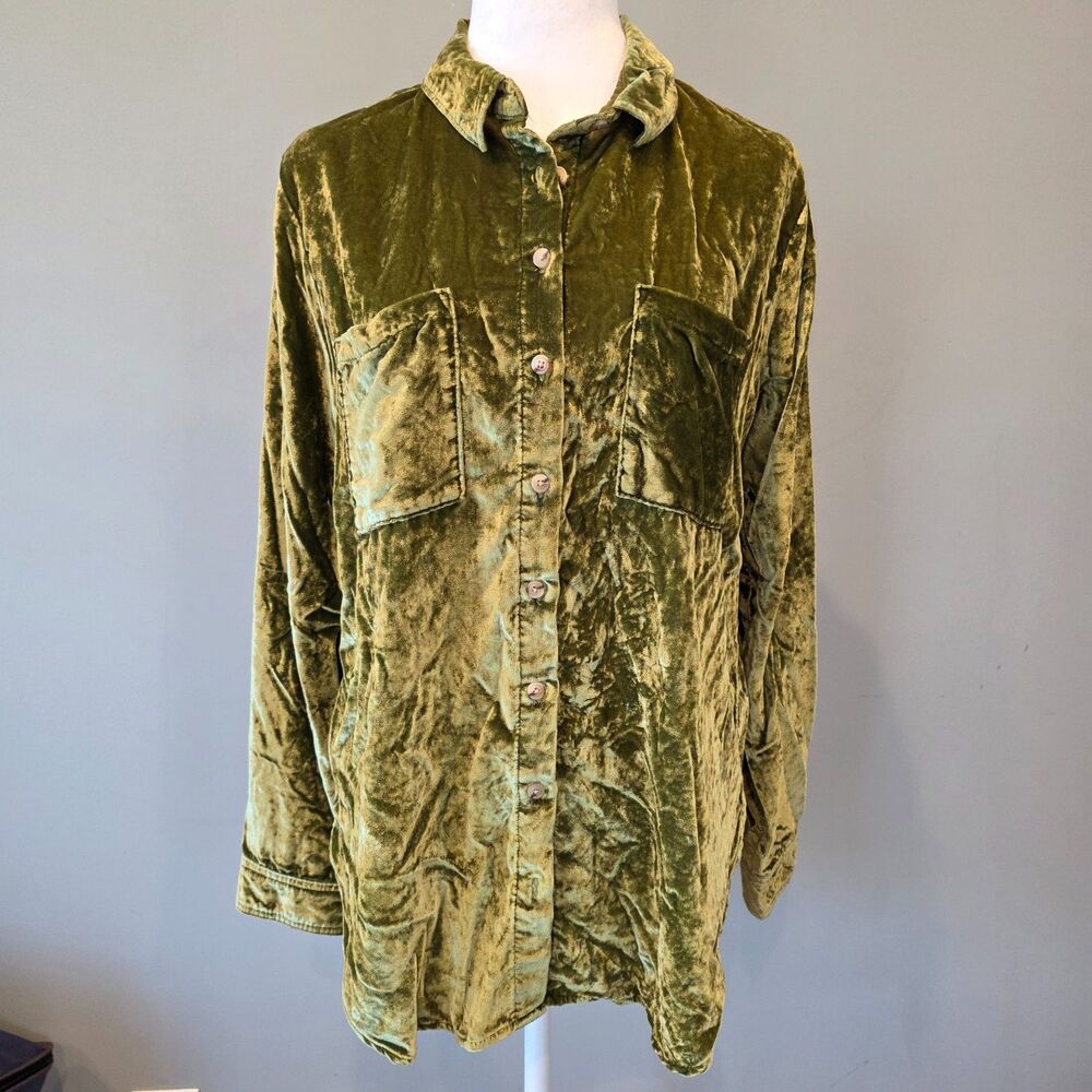 Anthropologie Pilcro Crushed Velvet Button Down. Green. Sz Md. Boho Festival